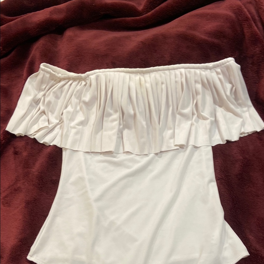 Guess White Sleeveless Ruffled Off-the-Shoulder Bodysuit